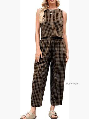 Cotton Gingham 2 Piece Outfit Summer Tank Top Pants Matching Casual Beach
